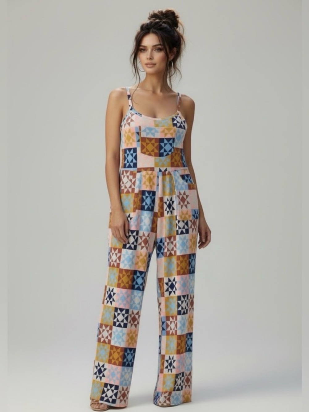 LuLaRoe Leola Patchwork Wide leg Cami Jumpsuit
